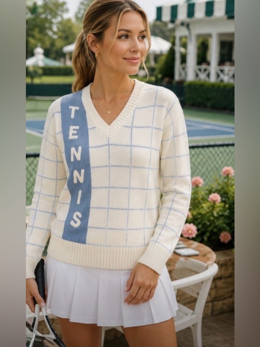 Quantum Vintage Tennis V-Neck Pullover Sweater Powder Blue White Chenille Large